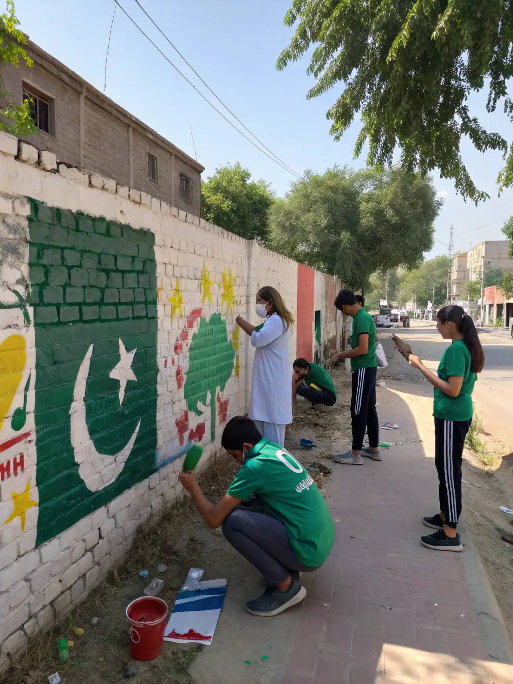 A dynamic image of a community arts project supported by ANACROUSE, featuring volunteers and local residents collaborating on a mural in a public space.