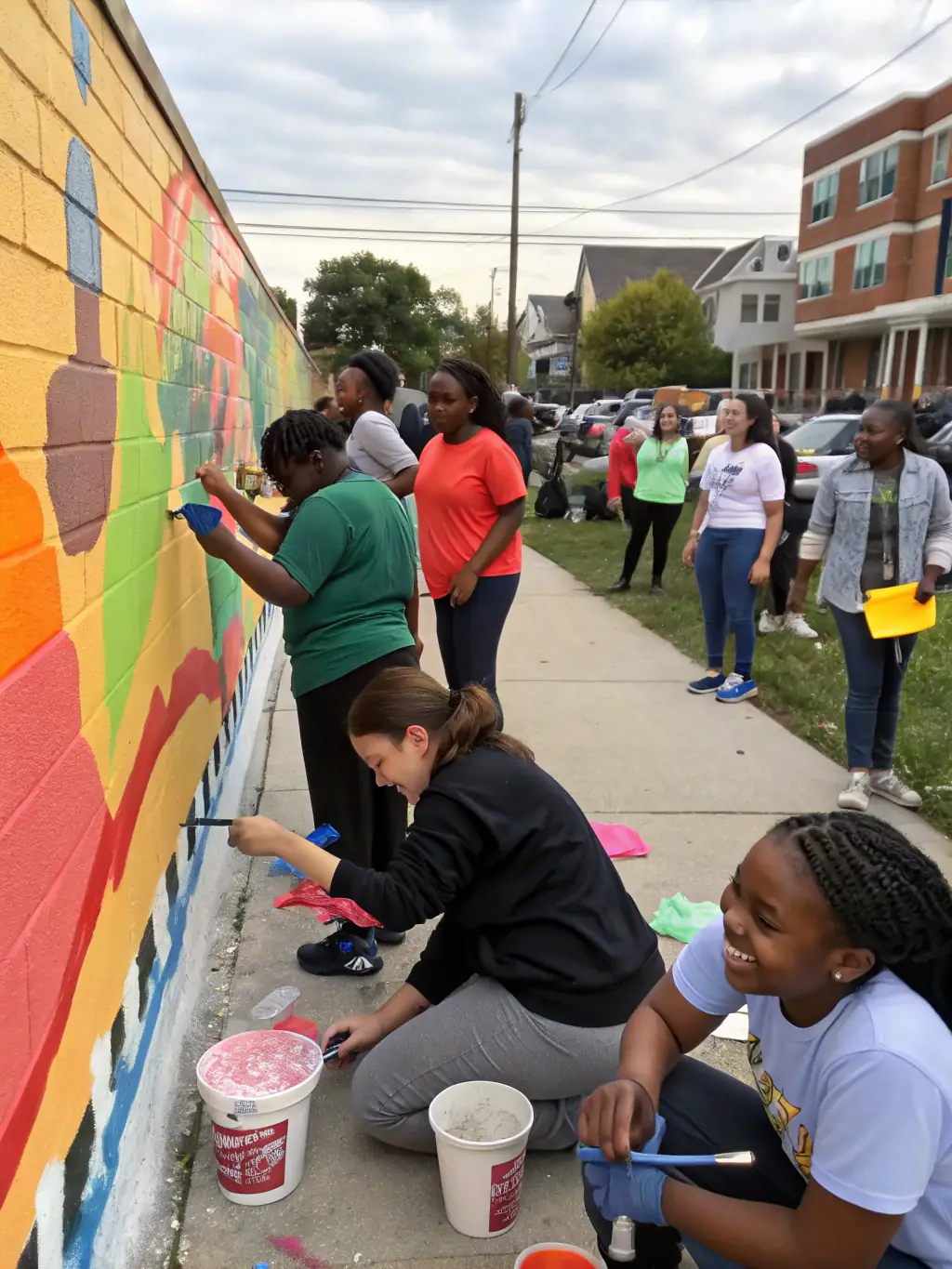 A photo of a community arts project sponsored by ANACROUSE, depicting volunteers and participants working together on a mural or public art installation.