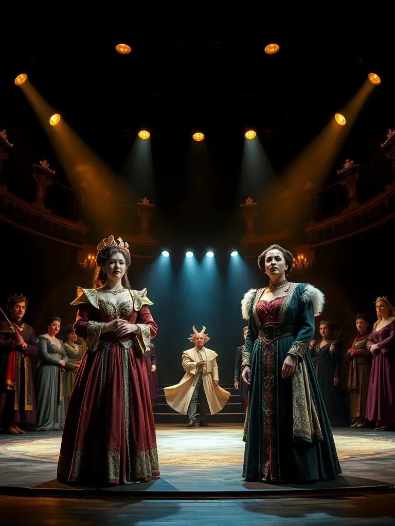 A captivating scene from a theatrical performance, showcasing actors in costume and dramatic lighting, highlighting ANACROUSE's support for live performance projects.