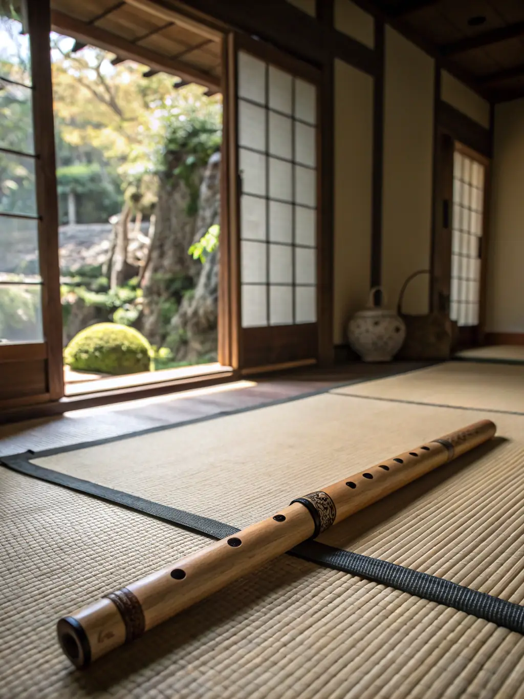 A serene photograph of a therapeutic music session led by ANACROUSE, showing participants relaxing and engaging with musical instruments in a peaceful environment.