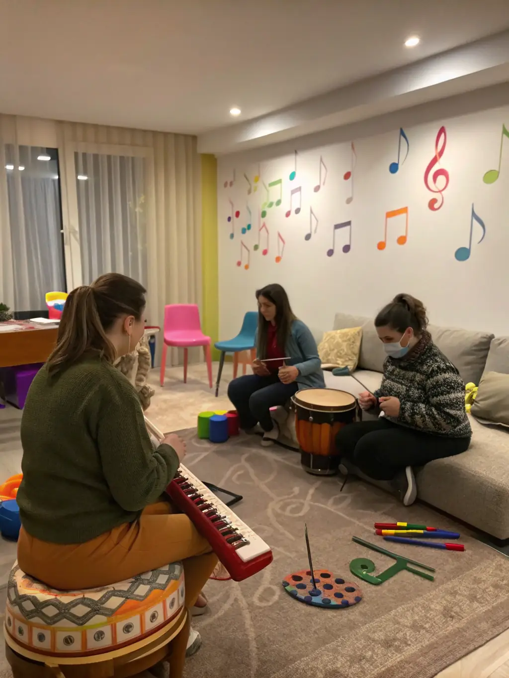 A photograph capturing a lively music therapy session, showing participants engaging with instruments and a therapist guiding them.