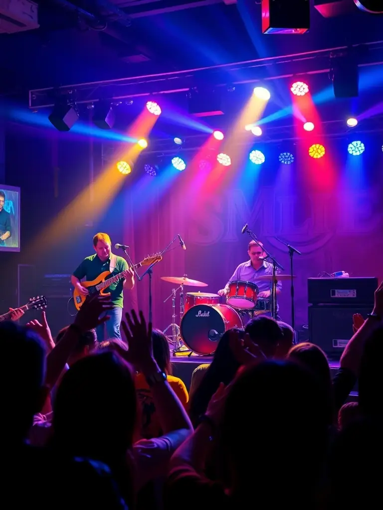 A vibrant photograph capturing a live musical performance organized by ANACROUSE, featuring musicians on stage and an engaged audience in a community hall.