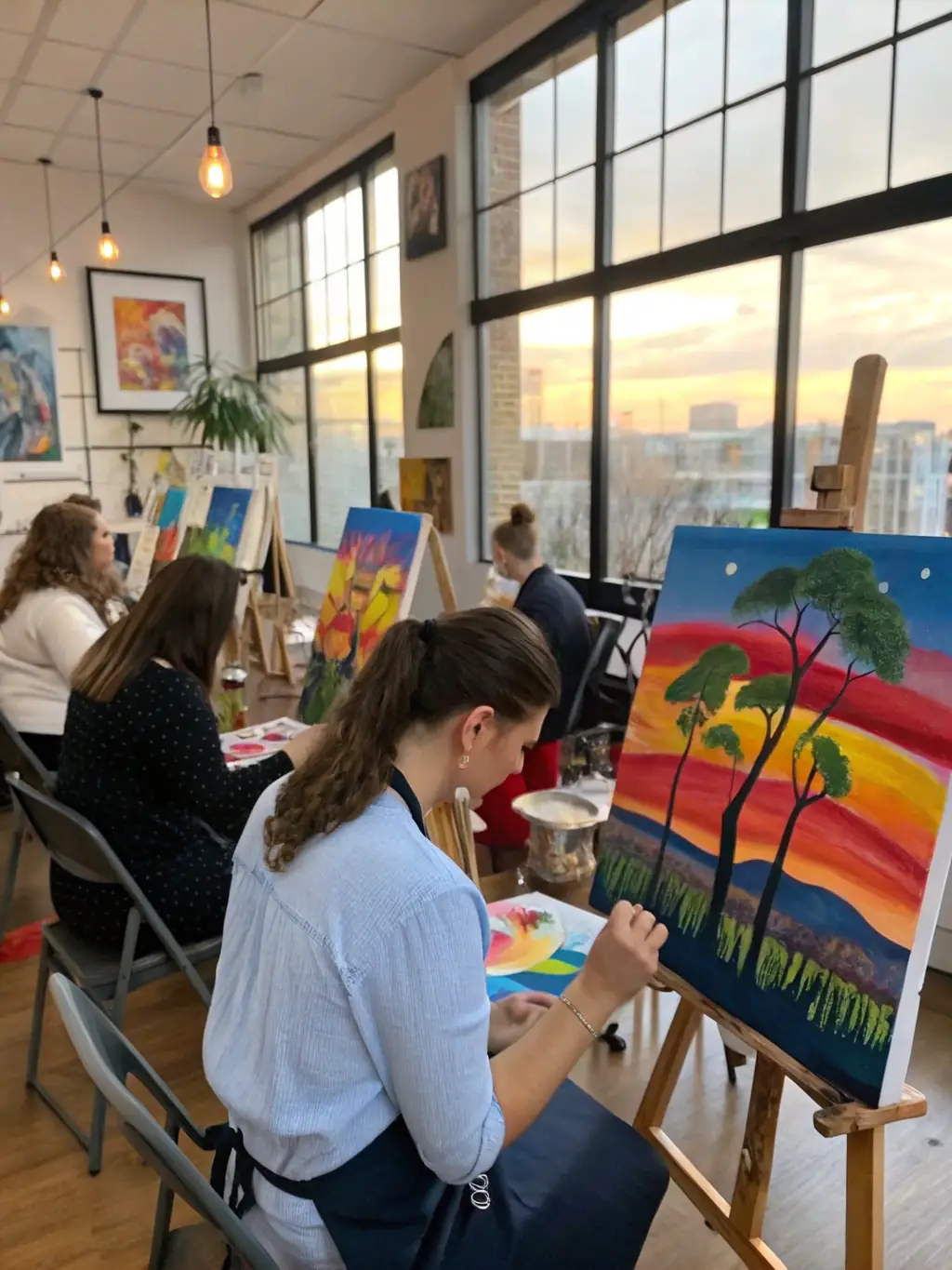 A dynamic image of an art workshop in progress, with participants actively engaged in painting and creative expression, reflecting ANACROUSE's commitment to artistic education.