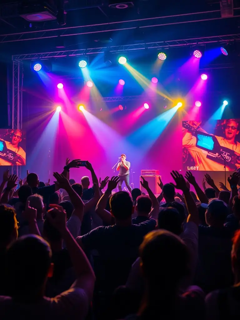 A vibrant photograph capturing a live musical performance at a recent ANACROUSE event, showcasing musicians on stage with colorful lighting and an engaged audience.