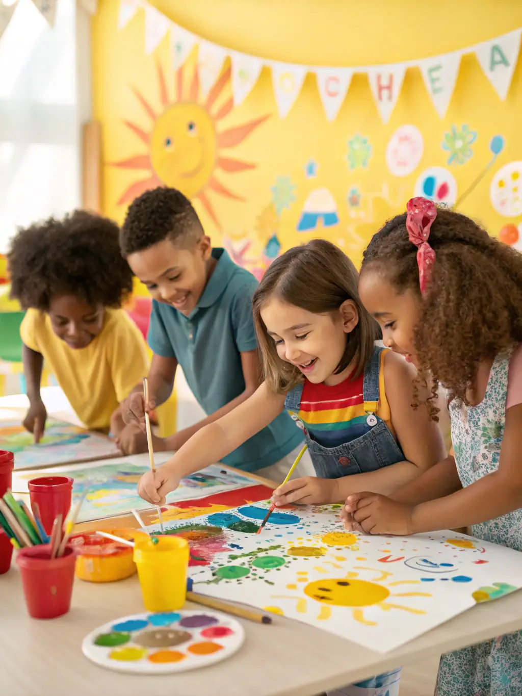 A colorful image depicting participants of all ages engaged in an art workshop facilitated by ANACROUSE, creating paintings and sculptures in a studio setting.
