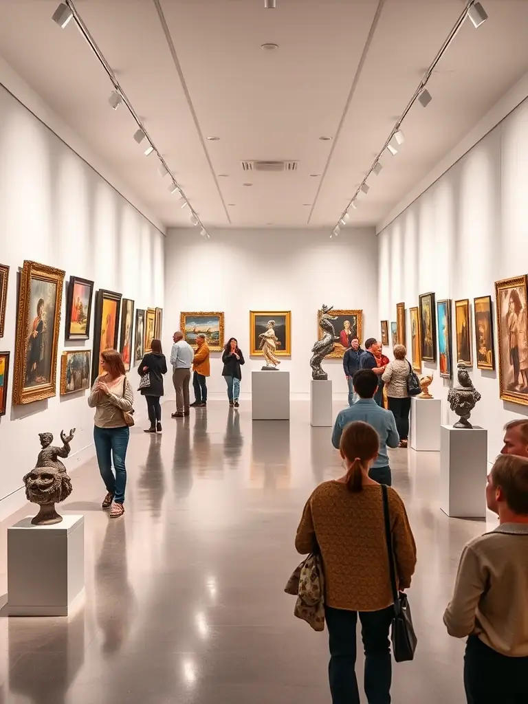 A photograph of an art exhibition organized by ANACROUSE, featuring various paintings and sculptures displayed in a well-lit gallery space, with people admiring the artwork.