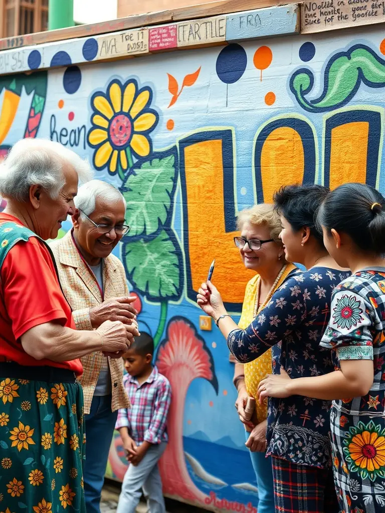 A colorful and engaging photograph of a community arts project, with participants of all ages collaborating on a mural, demonstrating ANACROUSE's focus on public engagement.