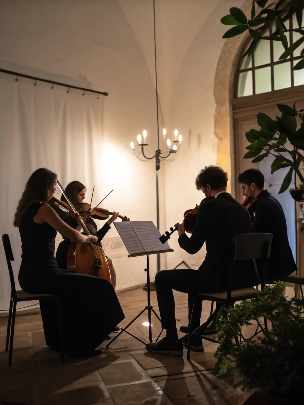 A vibrant photograph of a string quartet performing on a brightly lit stage, capturing the energy and passion of a live musical performance at ANACROUSE.